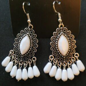 Antique Silver Tone and White Stone Earrings